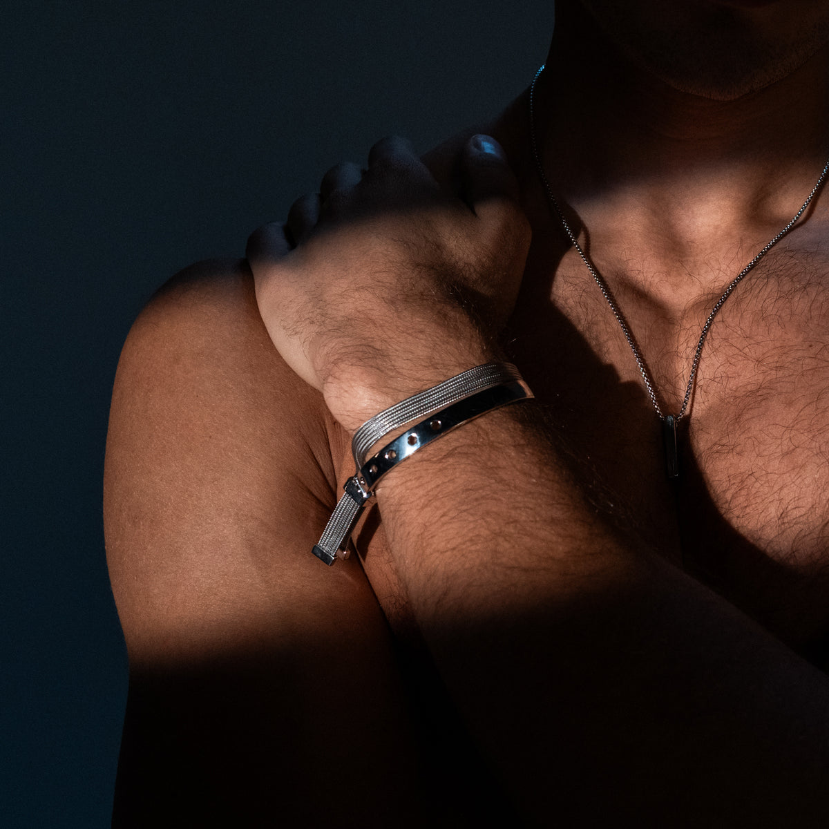 silver mesh bracelet on male model