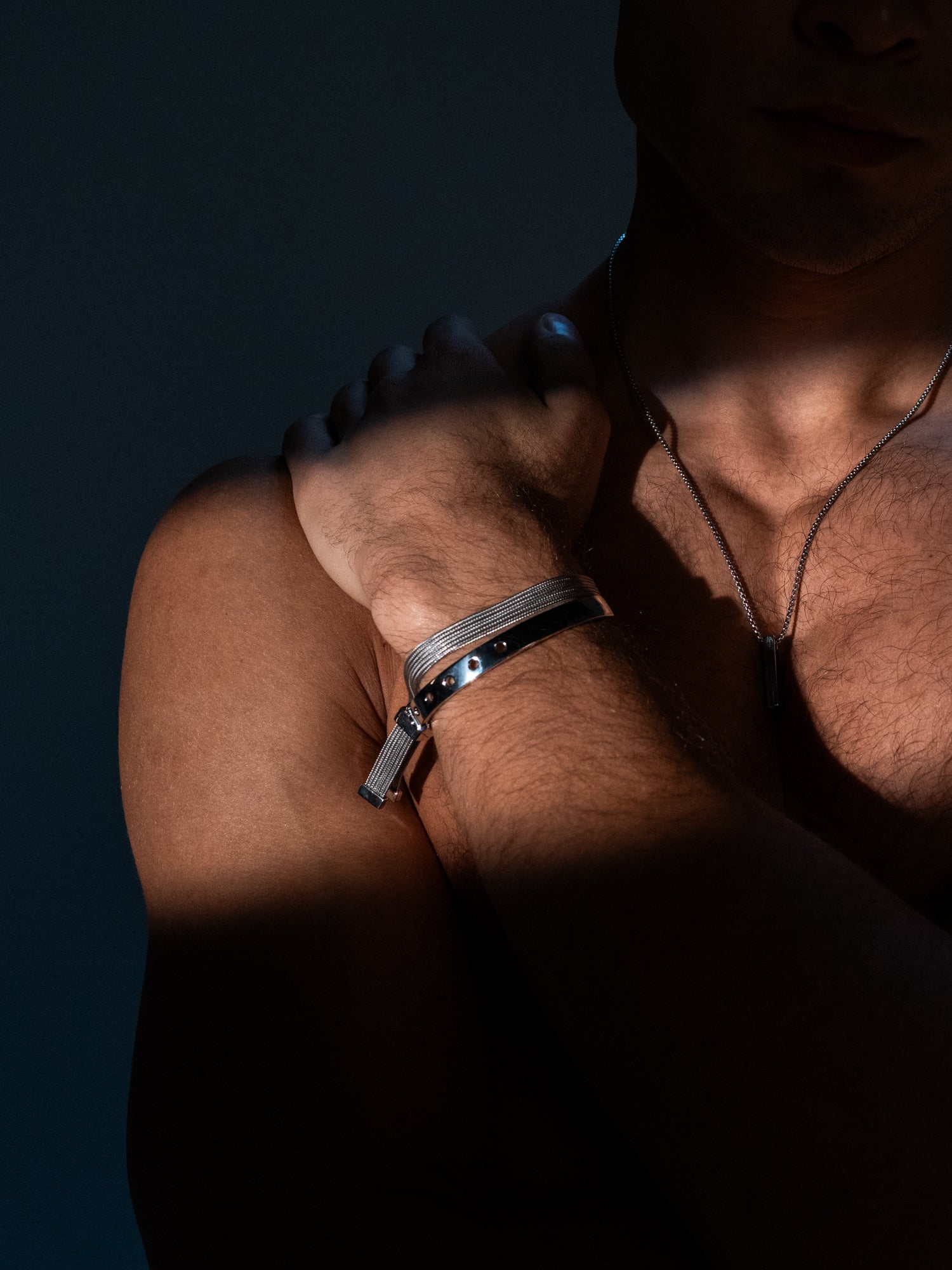 silver mesh bracelet on male model
