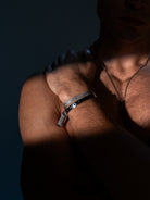silver mesh bracelet on male model