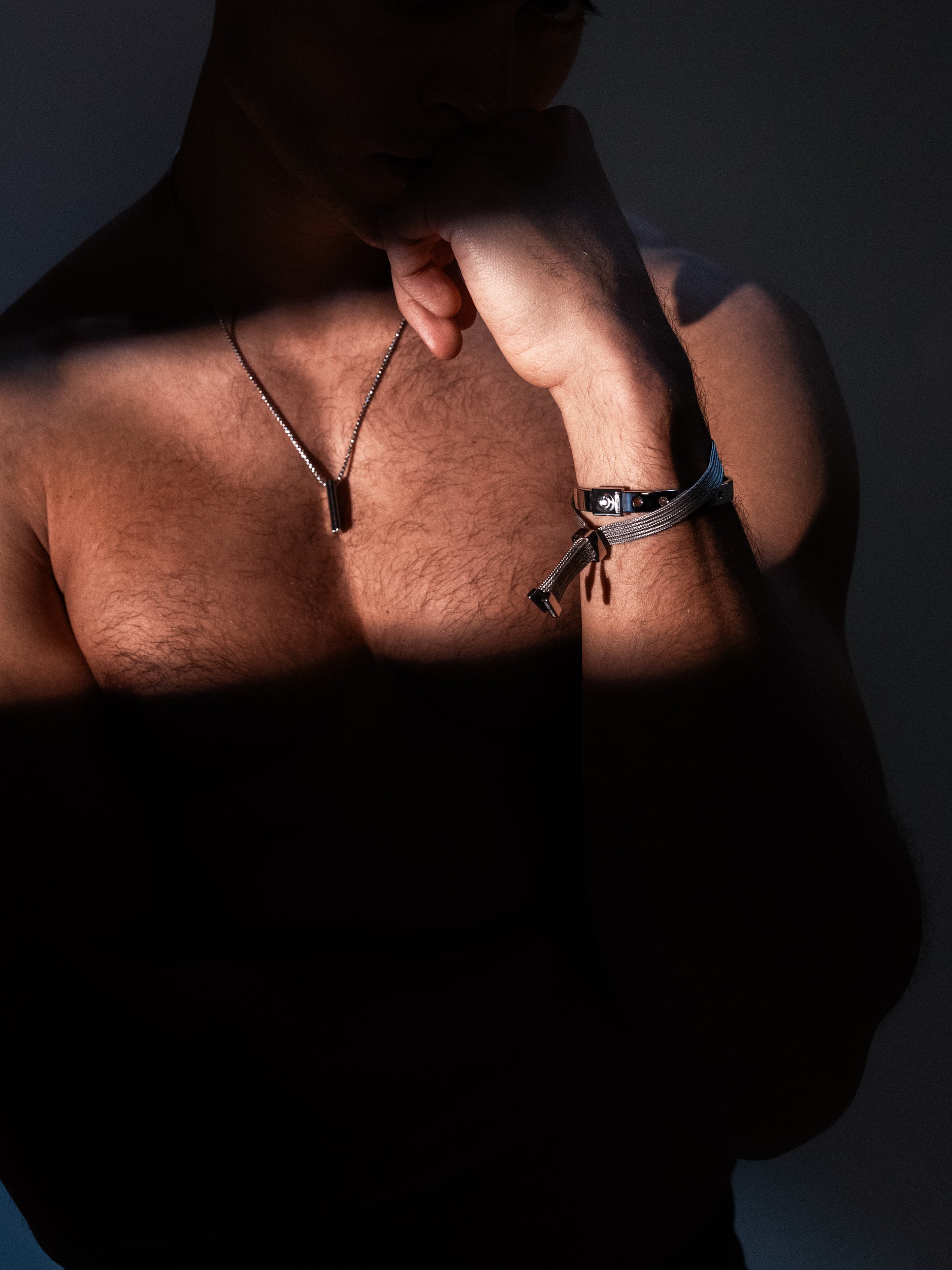 silver cuff bracelet on male model