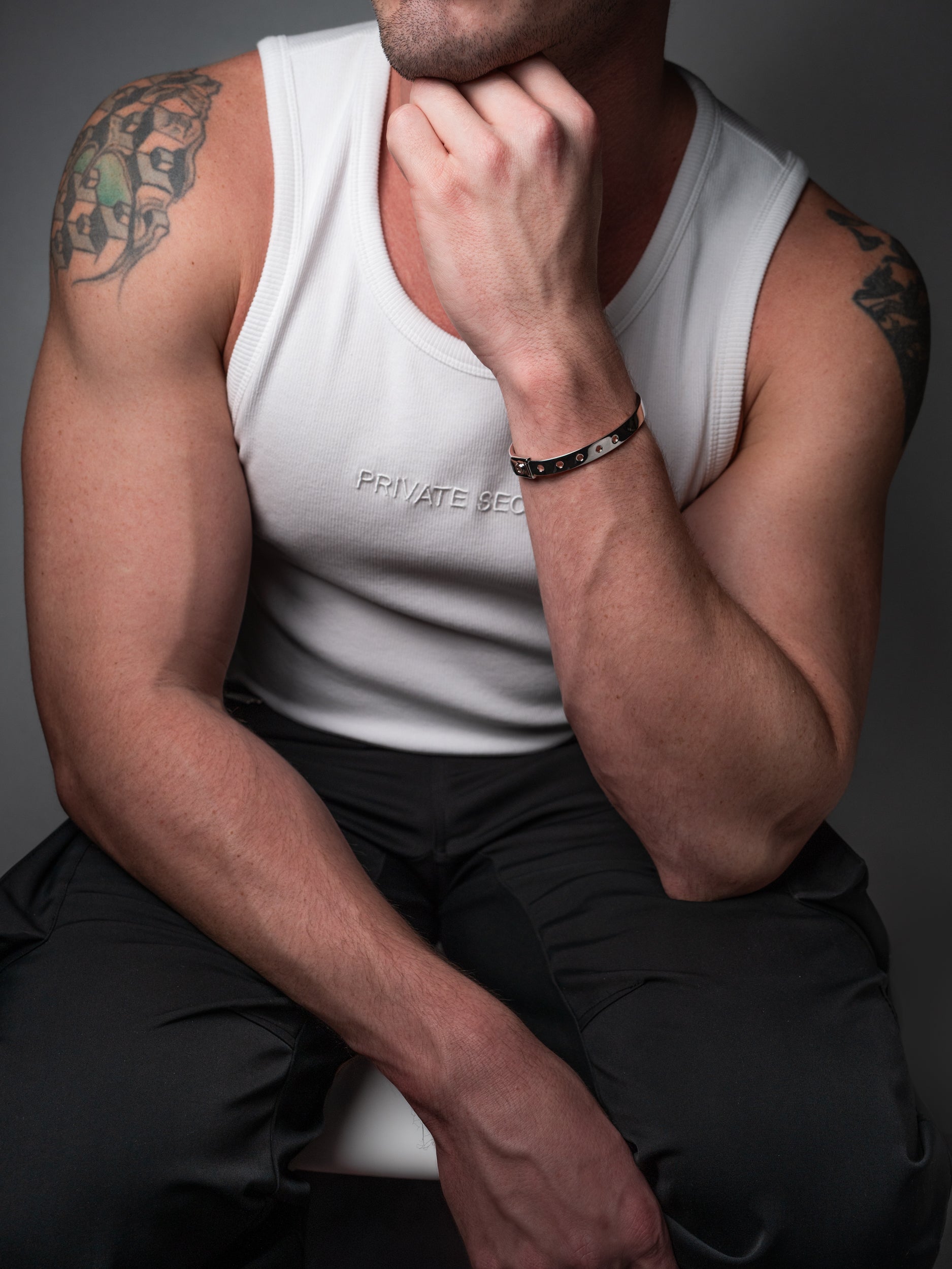 silver cuff bracelet on male model